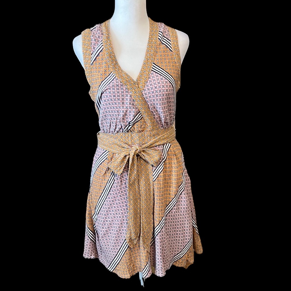 Maeve sleeveless side zip tie waist super cute print lined  mini dress